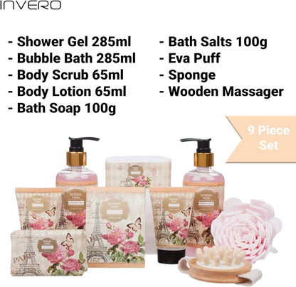 Invero 9 Piece Large Relaxing British Rose Body & Bath Spa Basket Gift Set - Includes All Bathing Essentials Complete with Large Basket and a Bow