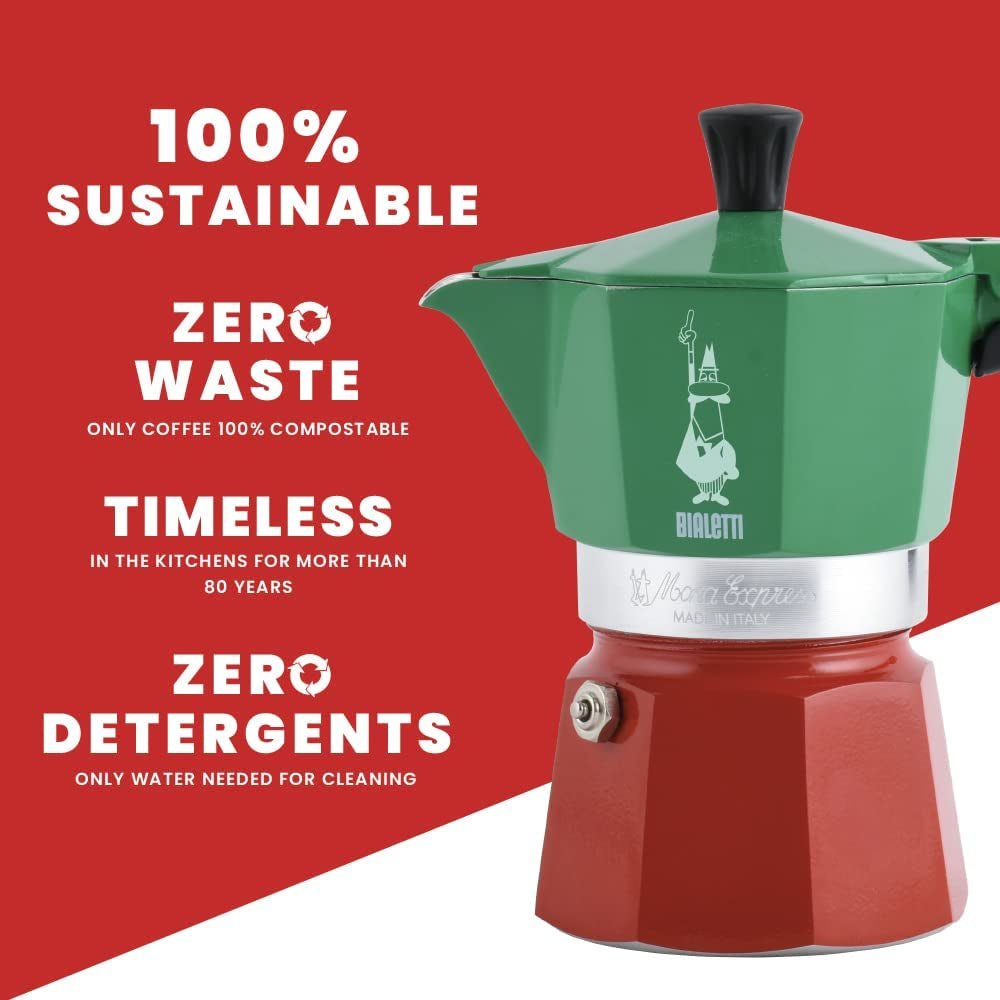 Moka Express Italia Collection (Tricolor), 3 Cup Coffee Maker, Aluminum, Green/Red