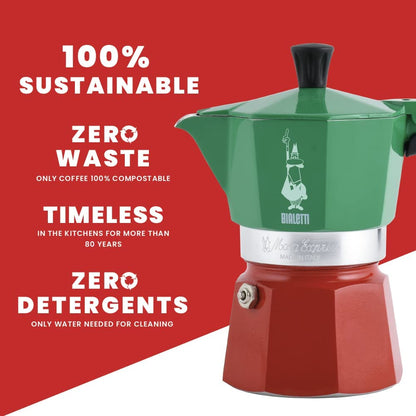 Moka Express Italia Collection (Tricolor), 3 Cup Coffee Maker, Aluminum, Green/Red