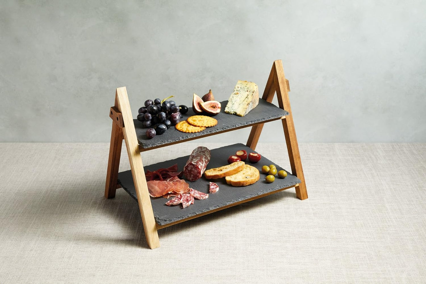 Tableware, Tiered Slate Serving Platter with Acacia Wood Frame, 40 X 30 X 25Cm, with Gift Box