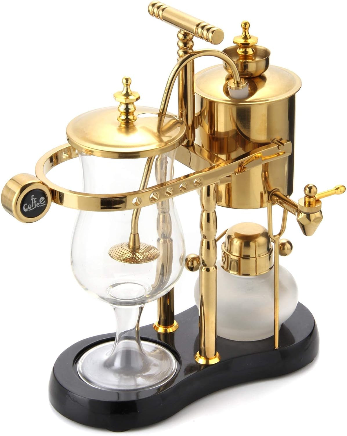 Belgian/Belgium Family Balance Siphon/Syphon Coffee Maker. Elegant Double Ridged Fulcrum with Tee Handle (Classic Gold)