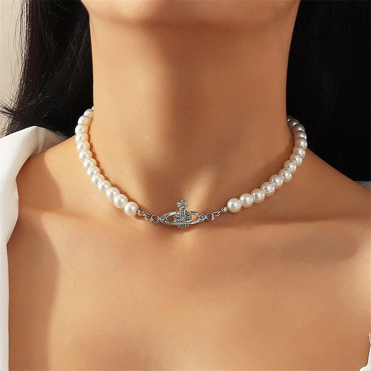 Artificial Pearl Necklace Bracelet Jewellery Set for Women, Silver Crown Pendant Adjustable Necklace Bracelet Set Gift for Ladies Girls