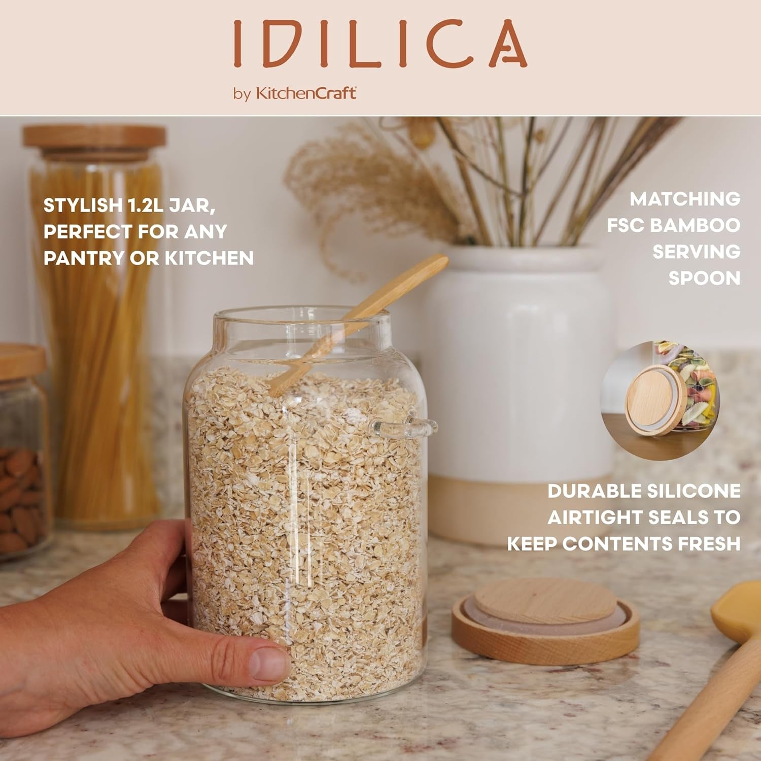 Idilica Glass Storage Jar with Beechwood Lid and Bamboo Spoon, Airtight Glass Canister with Wooden Lid for Kitchen Storage and Organisation, 1200Ml