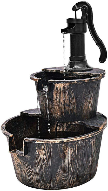 Electric Outdoor Wooden Effect Plastic 2 Tier Barrel Waterfall Fountain Cascading Water Fountain Pump Patio Deck Feature Ornament