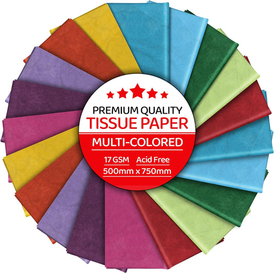 Multi Coloured Tissue Paper 30 Sheets,  Gift Wrap, MF and Acid Free, Large 20 X 30" Size, Wrapping Decorative Sketch and Cutting Paper for Art Craft & Packing