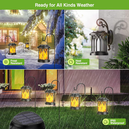 Solar Lights Outdoor Garden, 2 Pack Hanging Solar Garden Lanterns with Realistic Flickering Flame LED, Waterproof Flame Effect Solar Garden Ornaments for Decoration Garden Pathway Patio