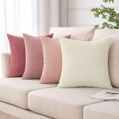 Corduroy Cushion Covers Soft Decorative Square Throw Pillow Covers for Spring Cushion Soft Pillowcase Striped Corduroy Cushion Covers Pack of Four for Home Decor Sofa 18X18 Inch Pink