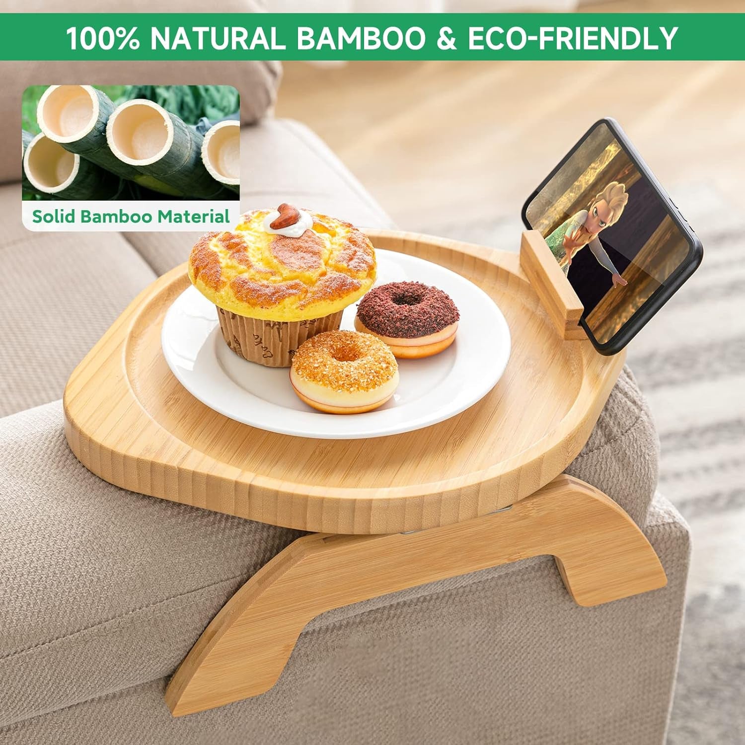 Bamboo Sofa Arm Tray Table with Rotating Mobile Holder, Stable Couch Armrest Tray, Clip-On Sofa Tray Table for Wide Couches, Foldable Couch Arm Clip Table for Eating and Drinking