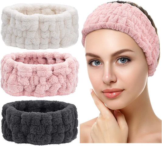 3 Pieces Spa Facial Headband for Makeup and Washing Face Terry Cloth Hairband Yoga Sports Shower Facial Elastic Head Band Wrap for Girls and Women (Pink, Milky-White, Dark Grey)