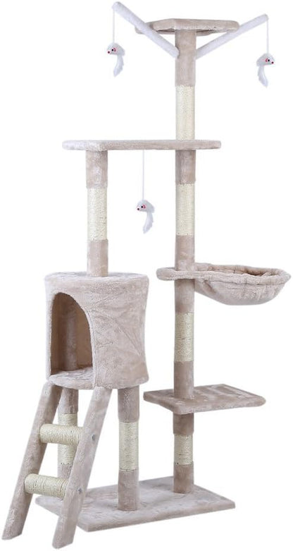 Cat Scratching Post 143 Cm Cat Tree Multi-Level Stable Cat Tower Cat Scratching Post with Bed,Cat Bed Cat Climbing Frame with Ladder,Pet Activity Furniture Play House for Indoor Cats,Beige