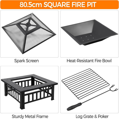 3 in 1 Fire Pits for Garden Outdoor Patio Heater Metal Square Fire Pit/Ice Pit Garden Accessories with Log Poker, Mesh Screen Lid and Waterproof Cover 81.2X81.2X50Cm (With Lid)