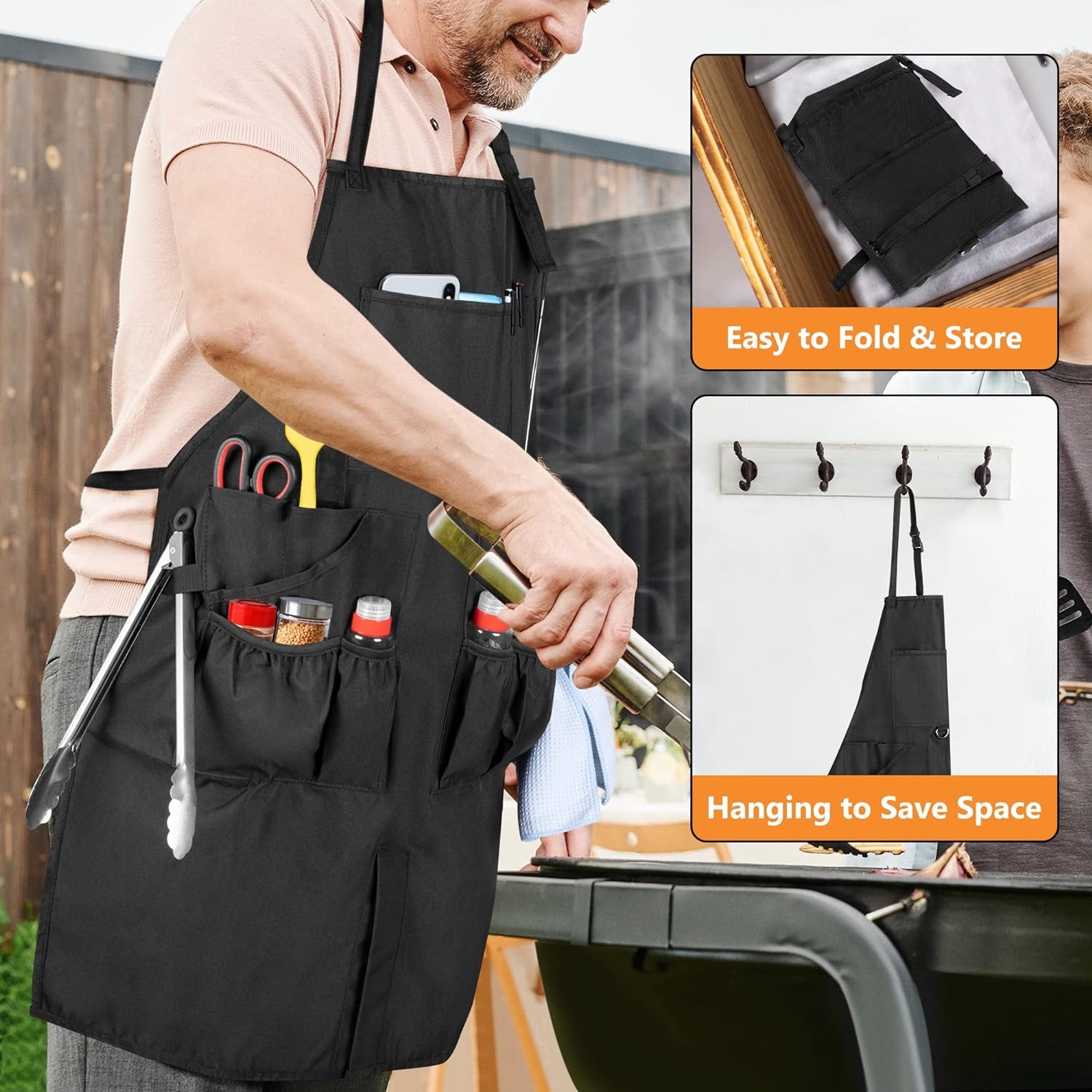 BBQ Grilling Apron, Cooking Aprons for Men with Pockets & Slit Hem, Kitchen Apron with Adjustable Neck & Waist Straps for Men & Women, Cooking Aprons for Chef, Painter, Carpenter (Apron Only)