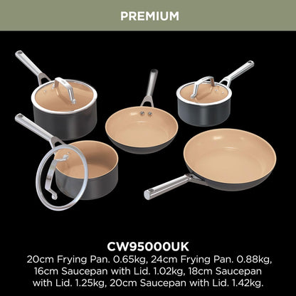 Extended Life 5-Piece Ceramic Cookware Set (20 & 24Cm Frying Pans + 16, 18 & 20Cm Saucepans & Lids), Non-Stick (No Pfas, Pfoas, Lead or Cadmium), Oven Safe to 285°C, Terracotta & Grey, CW95000UK