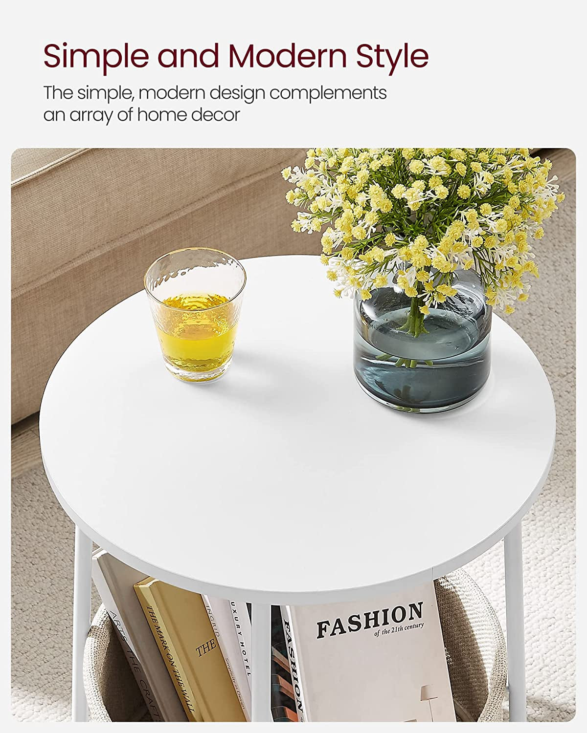 Side Table, round End Table with Fabric Basket, Spacious, for Living Room Bedroom, Bedside Table, Modern Style, White and Beige LET223W10