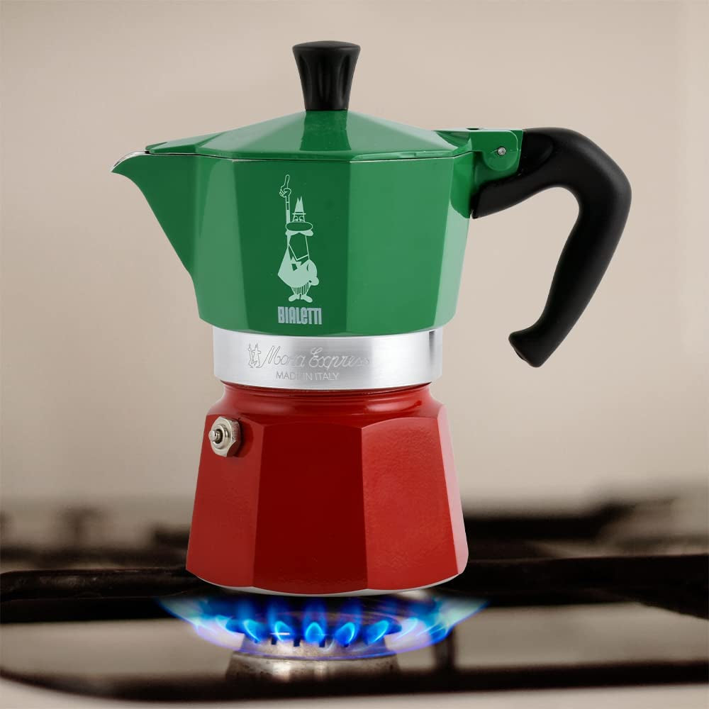 Moka Express Italia Collection (Tricolor), 3 Cup Coffee Maker, Aluminum, Green/Red