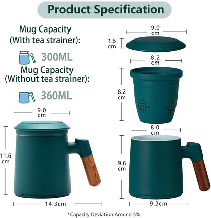 Tea Mug with Infuser and Lid, Wood Handle Loose Leaf Tea Strainer Cup, 360ML Matte Dark Green Ceramic Tea Steeping Mug Gifts