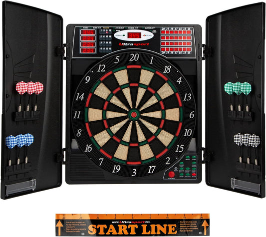 Electric Dartboard, with and without Doors, Dart Machine for up to 16 Players, Including Throw Line, 12 Darts and 100 Soft Tips, Suitable for Parties and Game Nights