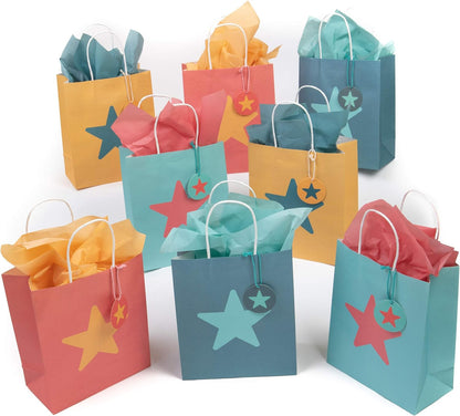 Friendly Star Pattern Kraft-Style Gift Bags with Tissue Paper and Tags. Pack of 8 Bags