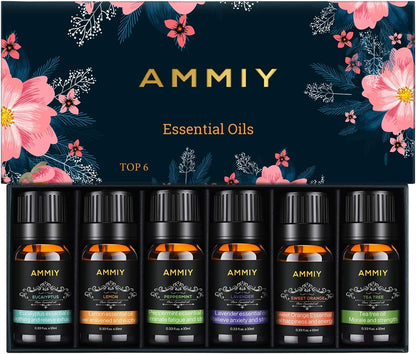 Essential Oils Set of 6 X 10Ml for Aromatherapy Bath Spa Diffuser Fragrance Relaxing Scent, Pure, Natural, Vegan Oils Including Eucalyptus, Lemon, Peppermint, Lavender, Sweet Orange, Tea Tree