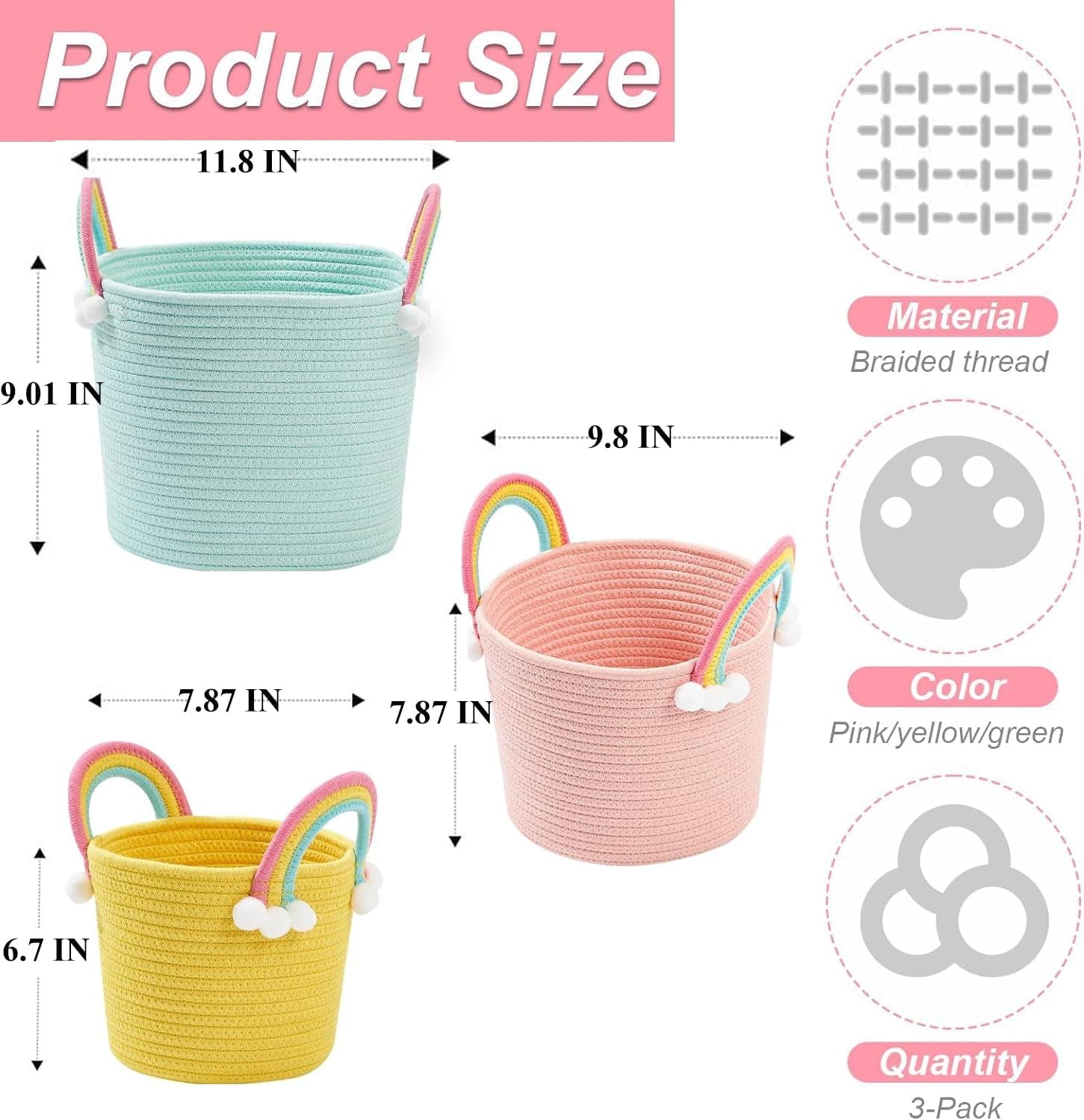 3 Pcs Small Storage Baskets, Woven Baskets, Hamper Baskets for Gifts Empty, Kids Storage Basket, Toy Basket, Rope Basket with Handle