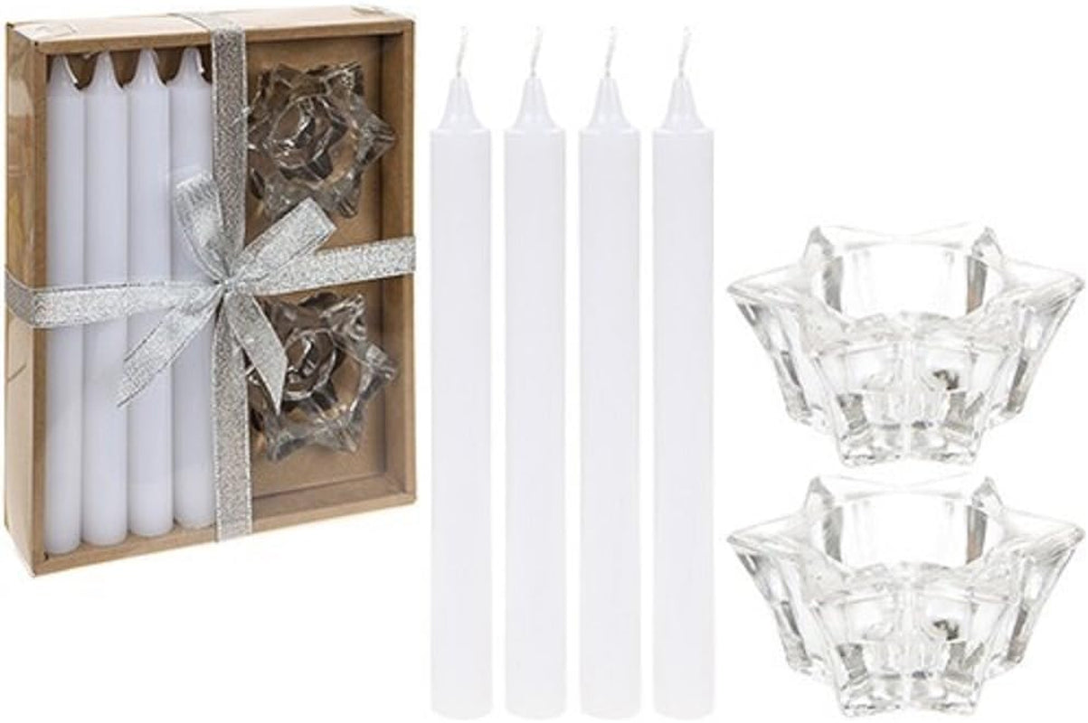 6 Piece Boxed Gift Set of 4 White Candles & 2 Glass Candle Holders Christmas Dinner Table Decoration