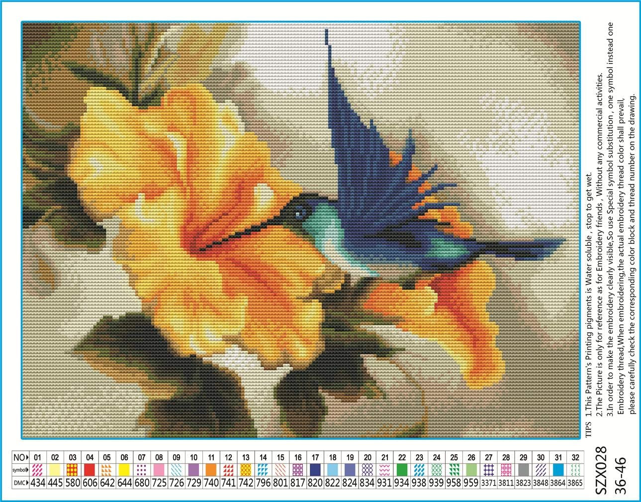 Embroidery Cross Stitch Kits Hummingbird and Flower Stamped with Printed Pattern Starter Kit (Hummingbird)