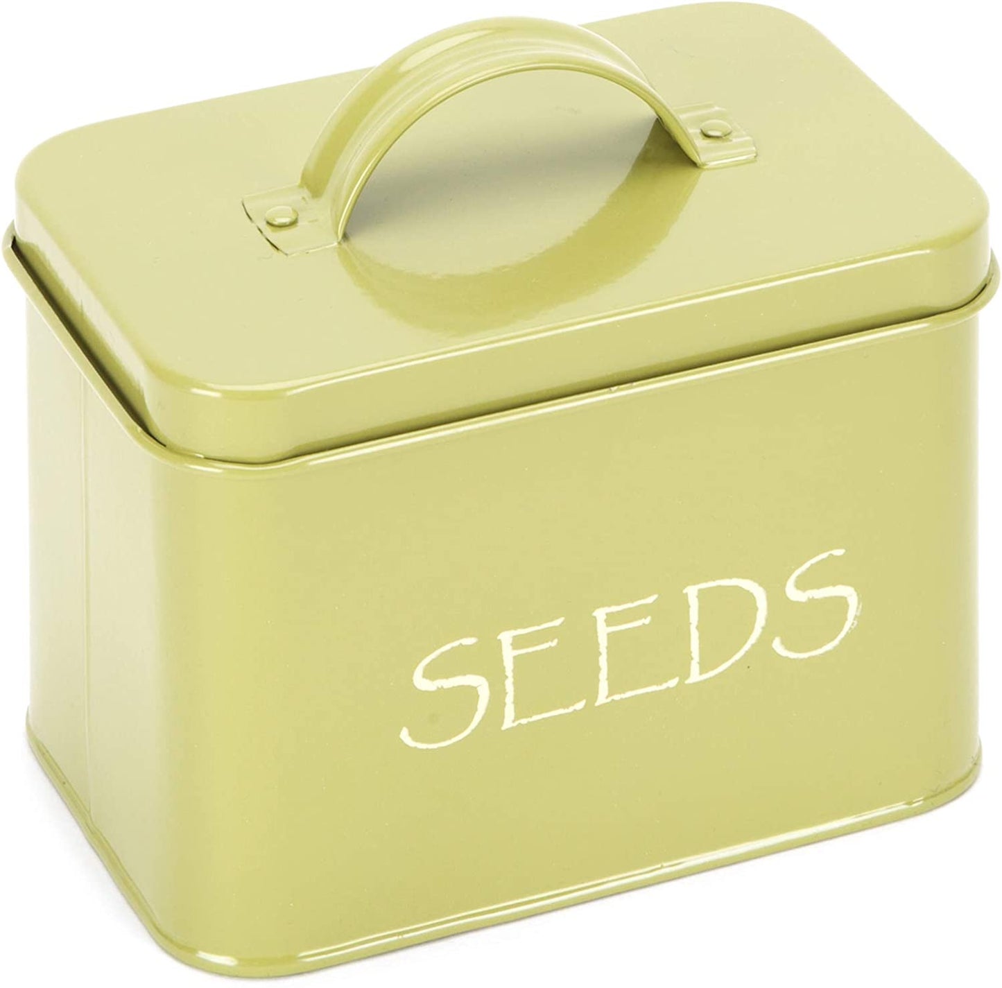 Steel Seed Storage Box Organiser in Green. Compact Seed Packet Container with Lid Complete with Monthly Dividers, 20 Envelopes and Pencil