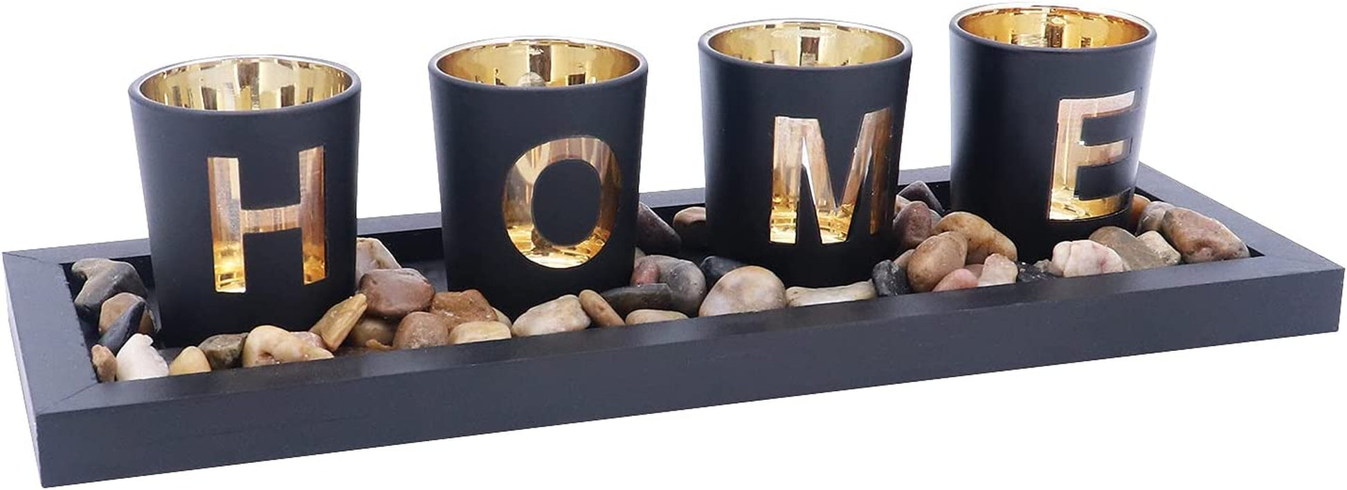 Candle Holder Set, Includes 4 Glass Cups, Natural Stones and Wooden Tray for Table Home Decorations (Home)