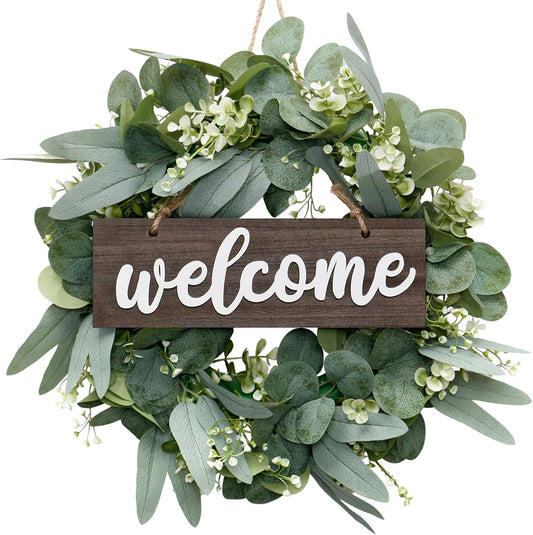 Eucalyptus Leaves Wreath for Front Door-18Inches Farmhouse Wreath with Welcome Sign Festival Ornaments Home Decor |Spring Summer Decorating for Home Window Outdoor Use