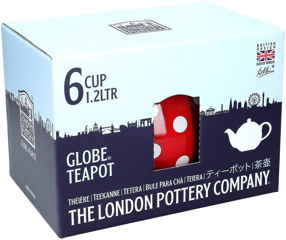 Globe Polka Dot Teapot with Strainer, Ceramic, Red / White, 6 Cup Capacity (1.2 Litre)