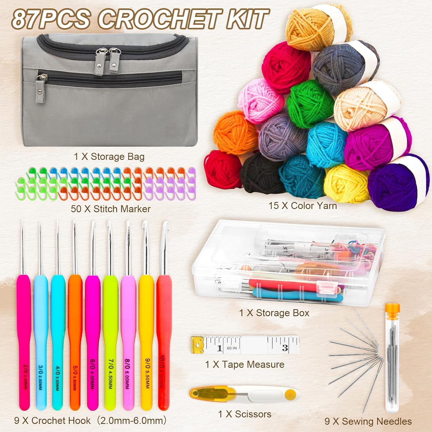 Crochet Kits for Beginners Adults, 87PCS Knitting Kit Accessories with Ergonomic Crochet Hooks Set, 15 Yarn Balls (25G) and Storage Bag - Knitting Starter Kit for Adults