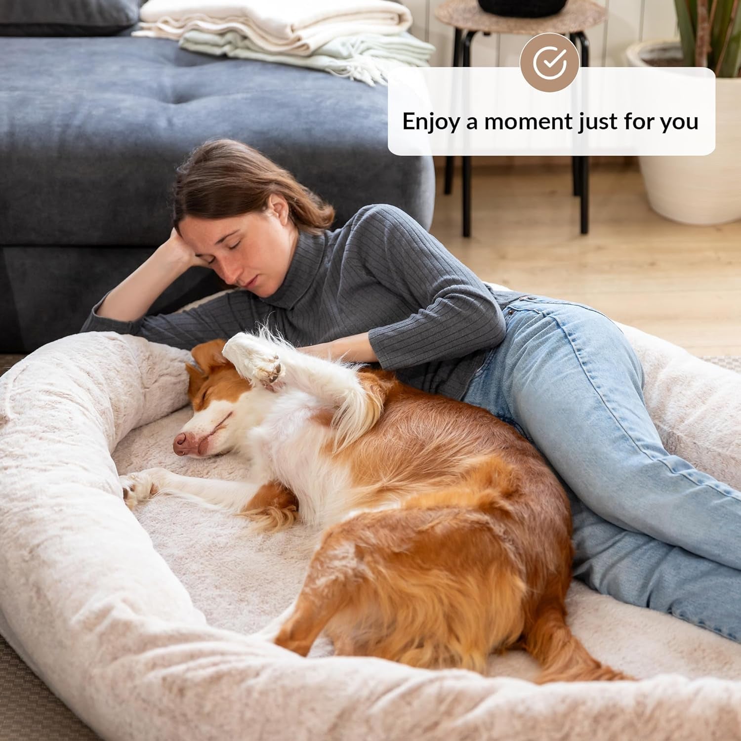 Human Dog Bed for Adults & Furry Friends | Warm & Comfortable Human Sized Dog Bed | Bean Bag Dog Bed | Giant Dog Bed for Humans & Pets | Human Size Dog Bed for Adults | Beige | Detachable Cover