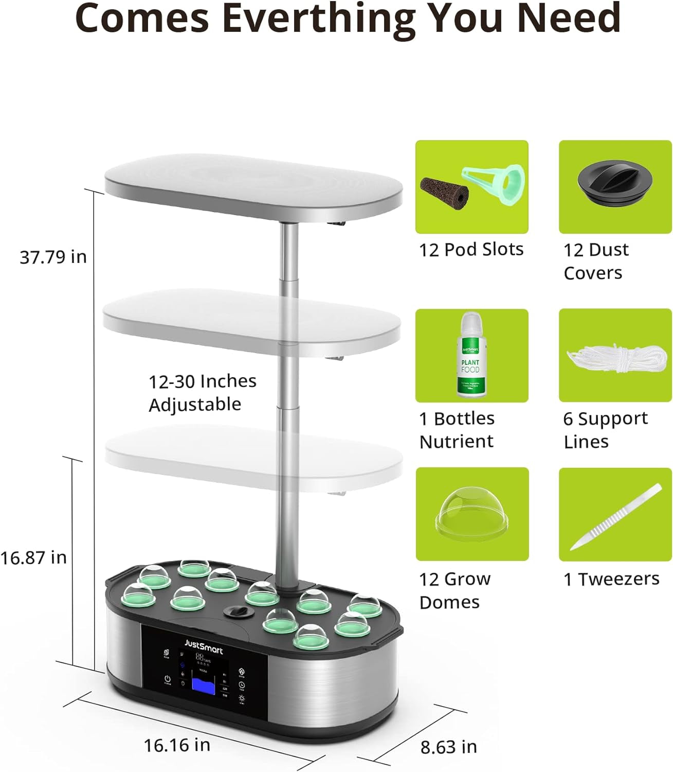 12 Pods Hydroponics Growing System Smart Indoor Garden Planter with 5L Water Tank, Herb Garden with 30W LED Grow Lights, 30 Inches Height Adjustable, Automatic Timer