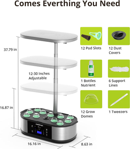 12 Pods Hydroponics Growing System Smart Indoor Garden Planter with 5L Water Tank, Herb Garden with 30W LED Grow Lights, 30 Inches Height Adjustable, Automatic Timer