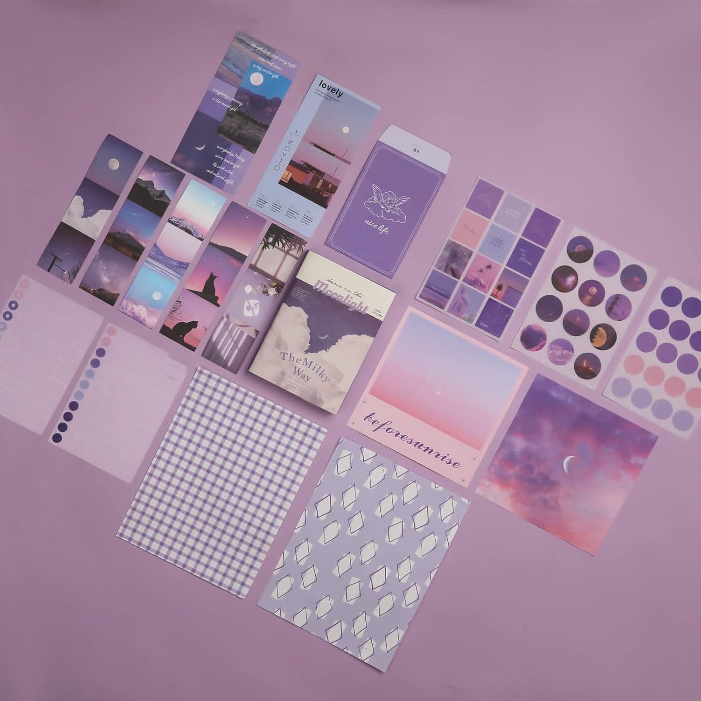 Aesthetic Scrapbook Kit, Purple Scrapbooking Journaling Supplies Kit with Stationery Journal Scrapbooking Supplies A6 Grid Notebook for Girls DIY Gift (Moonlight)