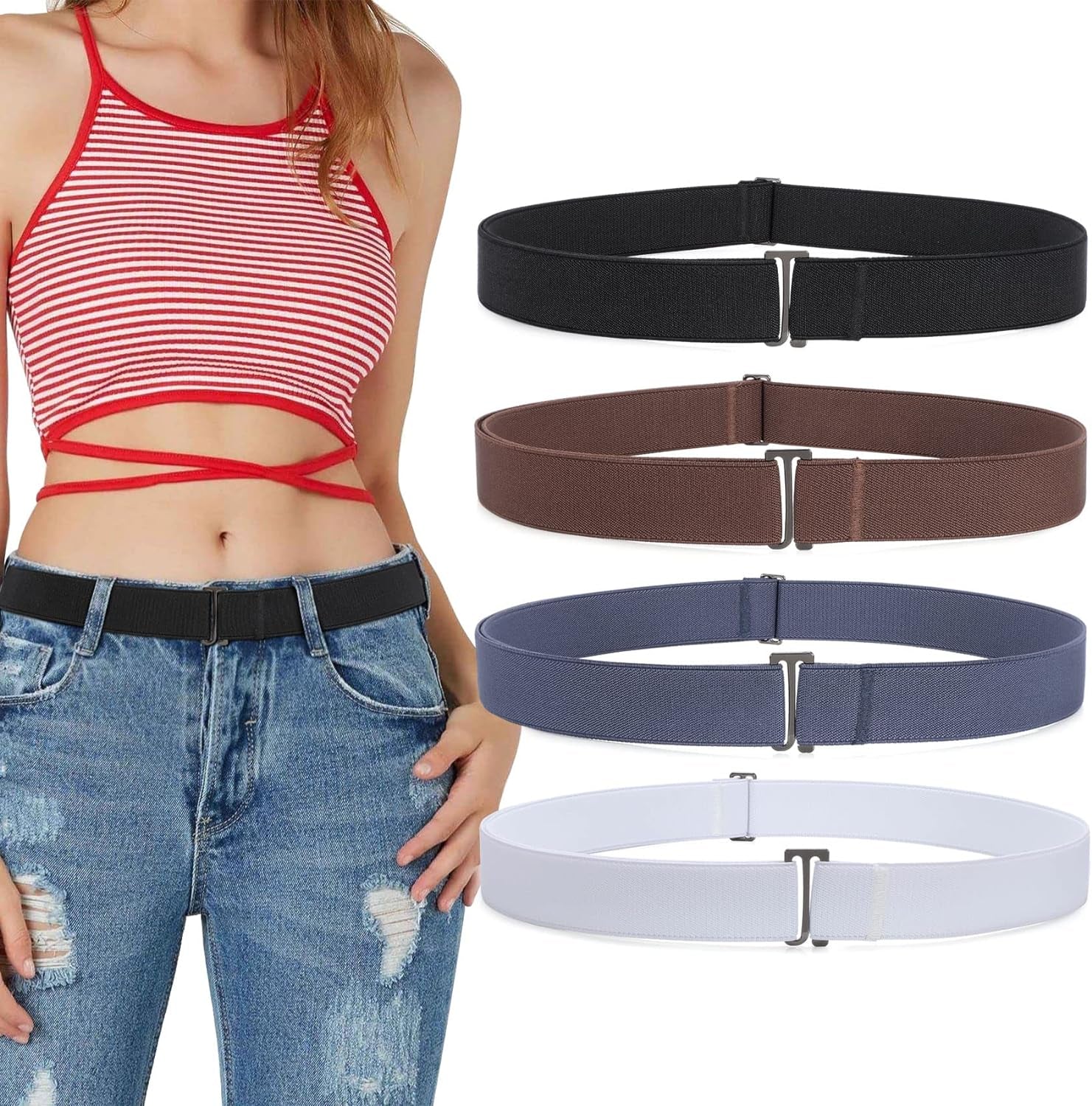 4 Pack Invisible Elastic Belt for Women Men Adjustable Ladies No Show Belt Flat Metal Buckle Belt for Jeans Trousers Dresses