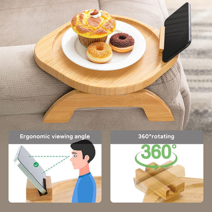 Bamboo Sofa Arm Tray Table with Rotating Mobile Holder, Stable Couch Armrest Tray, Clip-On Sofa Tray Table for Wide Couches, Foldable Couch Arm Clip Table for Eating and Drinking