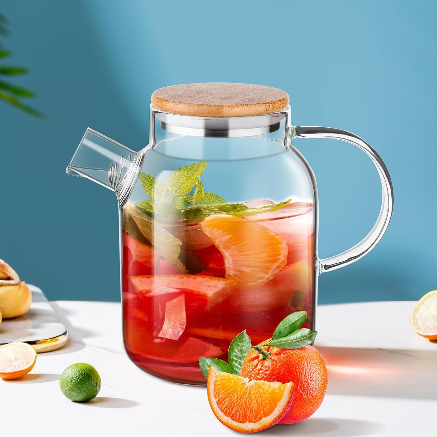 Glass Water Jug Teapot Stovetop Safe with Removable Filter Spout, Jug with Lid/Handle for for Loose Leaf and Blooming Tea, Juice, Milk, Beverage, Hot/Cold Water & Iced Tea,64 OZ(1800ML)