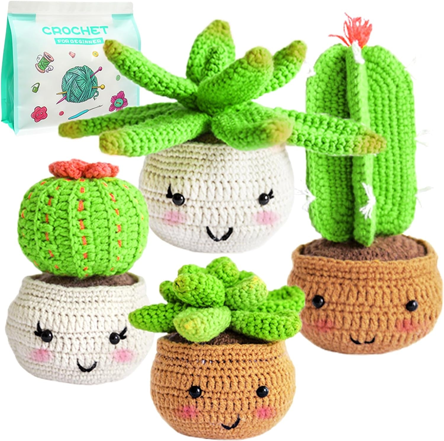 4PCS Crochet Kit for Beginners Adults, Beginners Crochet Kit, Crochet Plant Kit, Crochet Kits for Kids and Adults with Step-By-Step Video Tutorials, Learn to Crochet Starter Kit for Beginners