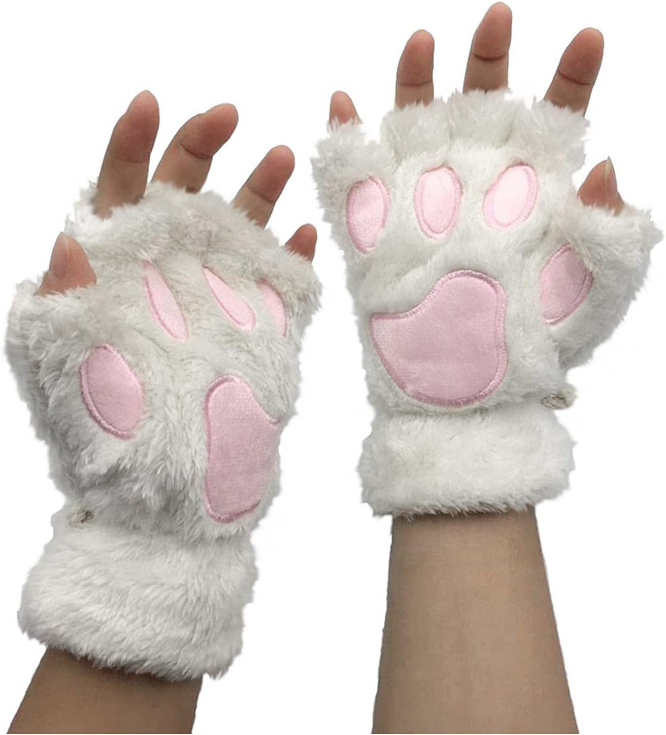 Topgrowth Women'S Kawaii Gloves Plush Synthetic Fur Cosplay Cat Paw Fingerless Gloves Girls Fabric Half Finger Gloves