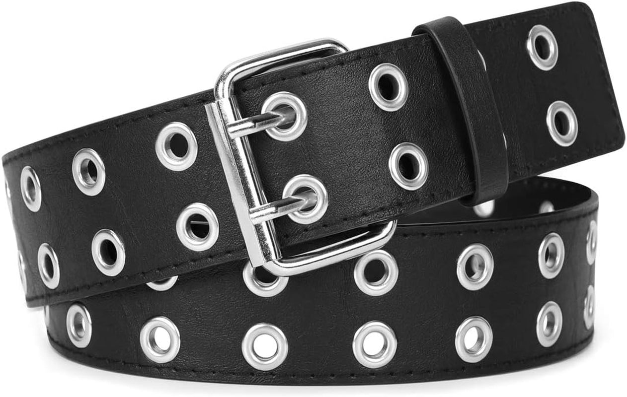 Double Grommet Belt Women PU Leather Double Hole Eyelet Belt Punk Goth Halloween Belt for Jeans Pants