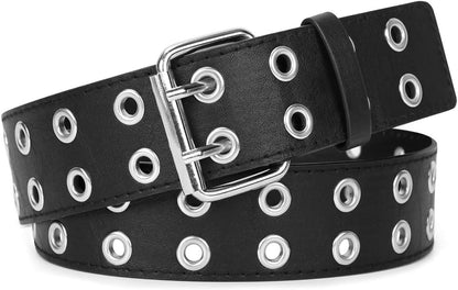 Double Grommet Belt Women PU Leather Double Hole Eyelet Belt Punk Goth Halloween Belt for Jeans Pants