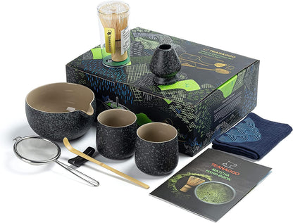 Matcha Set Matcha Whisk Matcha Bowl with Pouring Spout Scoop Matcha Whisk Holder Tea Making Kit. 1 Japanese Tea Set (7Pcs) + 2Cups(7.2Oz),S1,Charcoal Grey,Color Box Packing