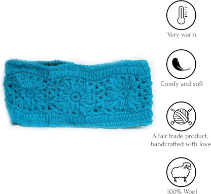 Women'S Knitted Headband, Winter Cosy Ear Warmer, Double Layered Wool Fleece Handmade Headband, Made in Nepal (Greenish Blue)