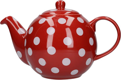 Globe Polka Dot Teapot with Strainer, Ceramic, Red / White, 6 Cup Capacity (1.2 Litre)