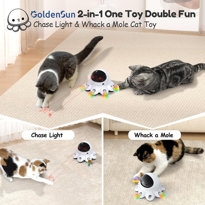 Automatic Cat Toy, 2-In-1 Interactive Cat Toys for Indoor Cats, Automatic Cat Toy, 8 Holes Mice Whack a Mole Moving Feather, USB Rechargeable Electronic Kitten Toys for All Breeds Black