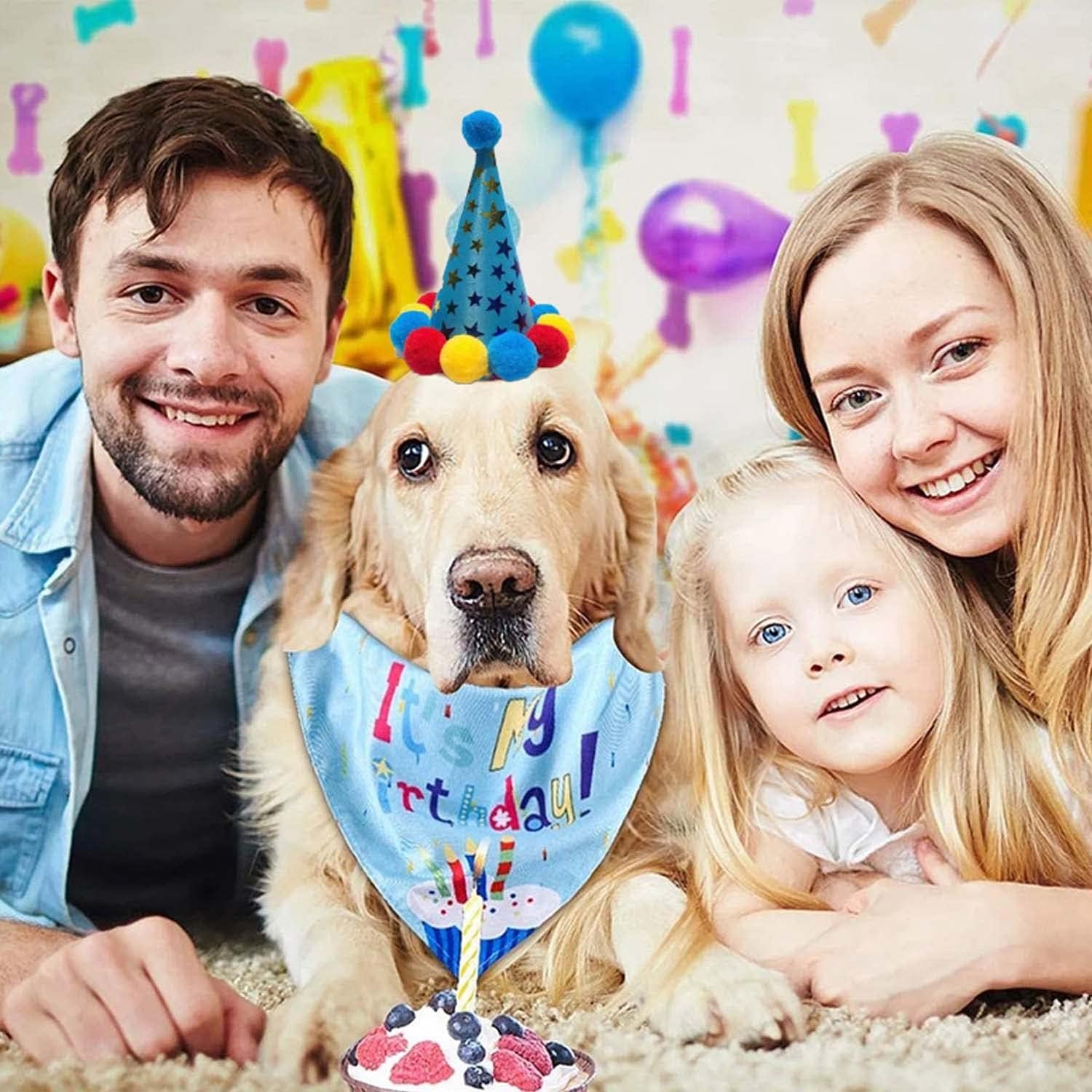 Dog Birthday Bandana Set, with Cute Doggie Birthday Party Hat and Bow Tie, for Cat and Dog Decoration(Blue)