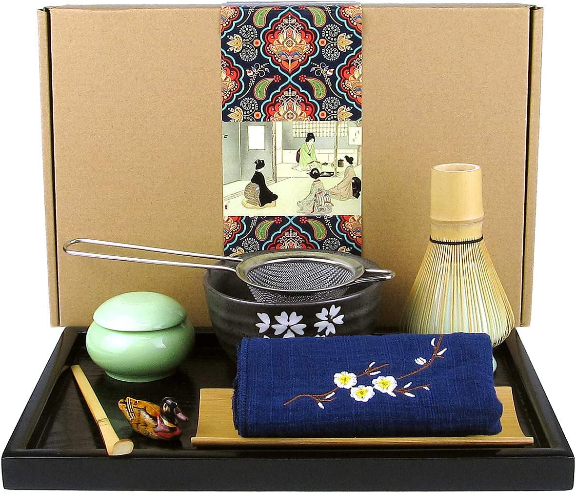 Japanese Matcha Tea Set, Matcha Whisk, Traditional Scoop, Matcha Bowl, Black Bamboo Tray, Ceramic Whisk Holder, Matcha Caddy, Handmade Matcha Ceremony Kit for Japanese Tea Ceremony (10Pcs)