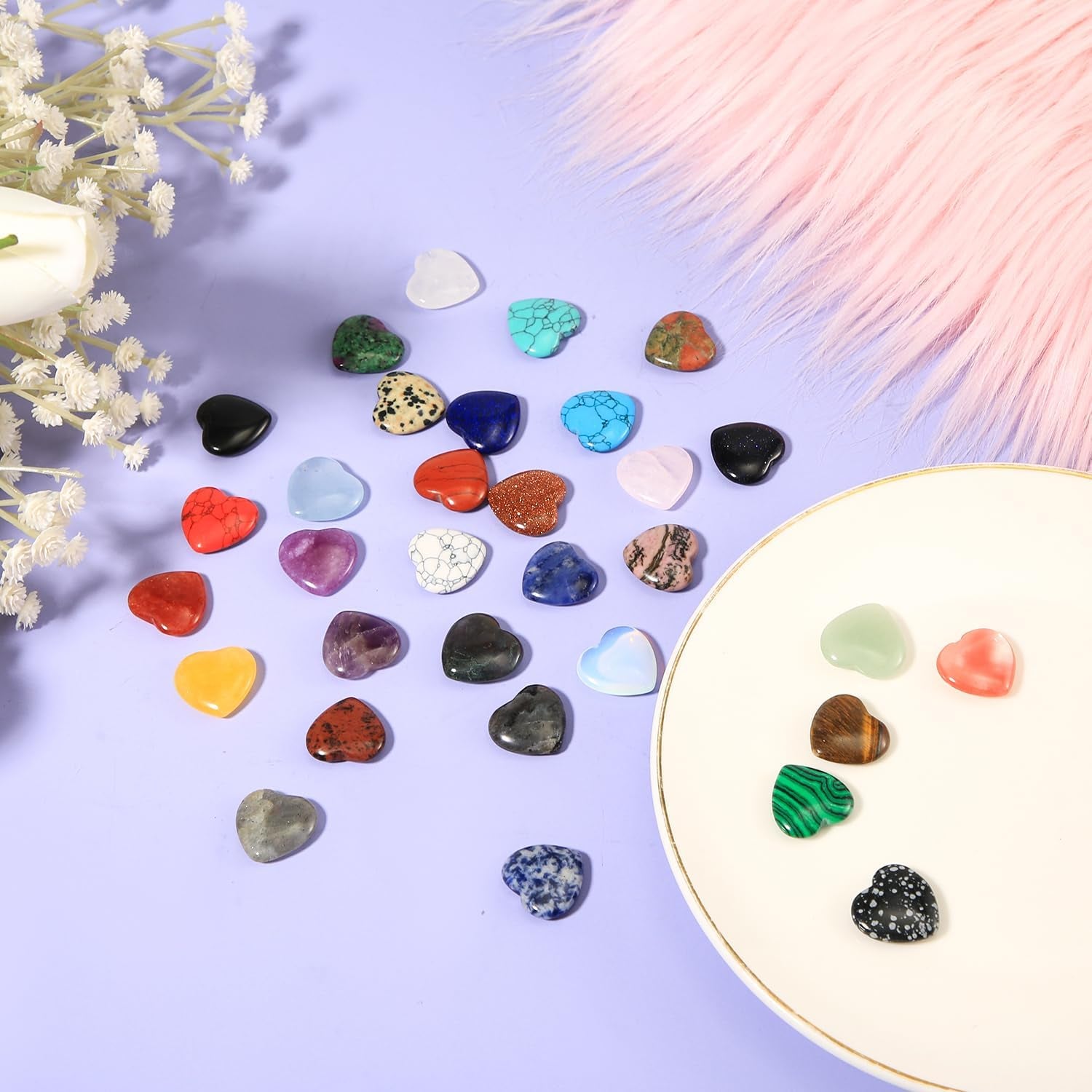 32Pcs Worry Stones, Various Styles Heart Shaped Rocks Colorful Heart Crystals Heart Stones Small Mancala Stones Gemstone Crystals for Valentines Day Christmas Meditation DIY Jewelry