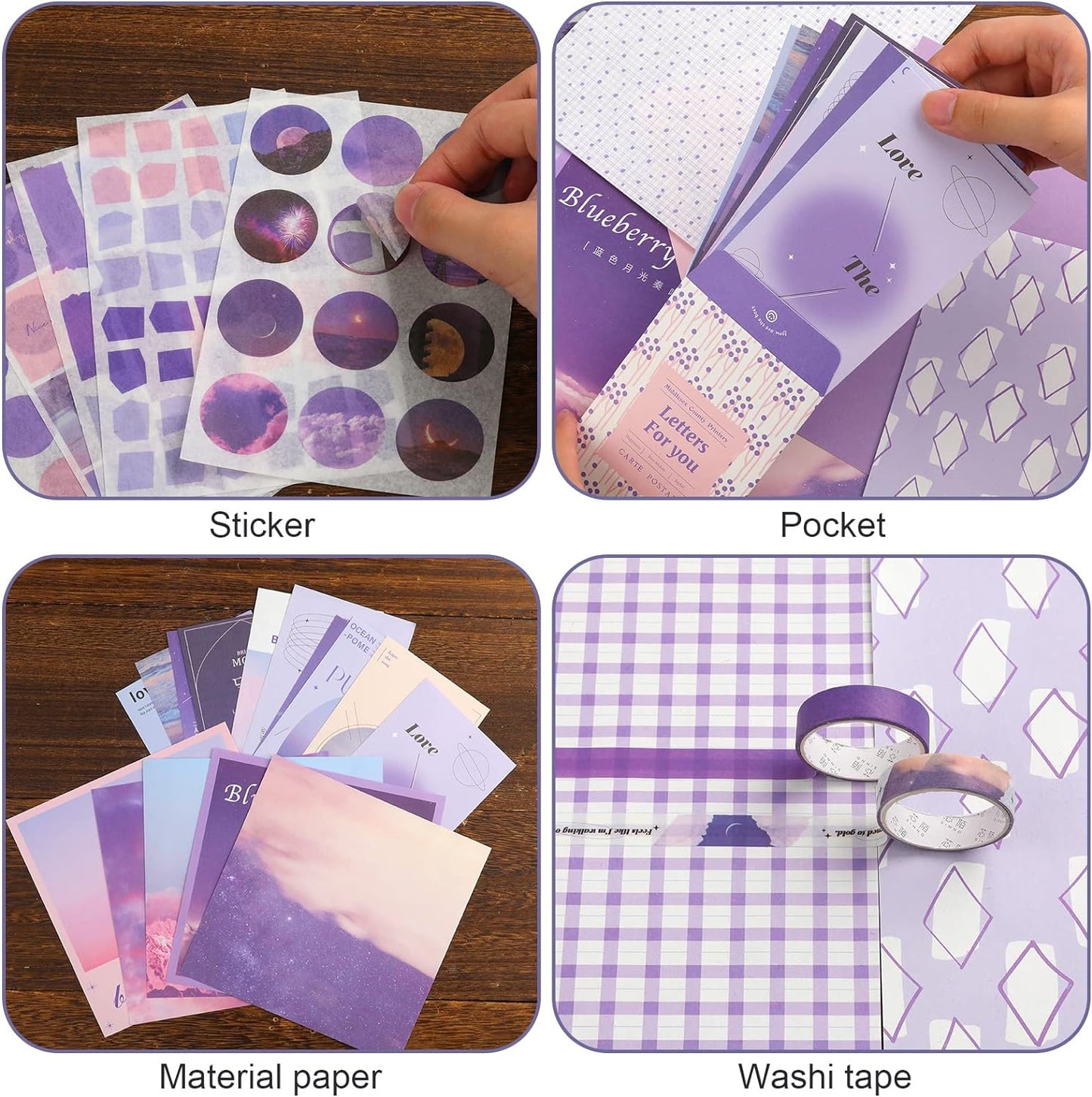 Aesthetic Scrapbook Kit, Purple Scrapbooking Journaling Supplies Kit with Stationery Journal Scrapbooking Supplies A6 Grid Notebook for Girls DIY Gift (Moonlight)